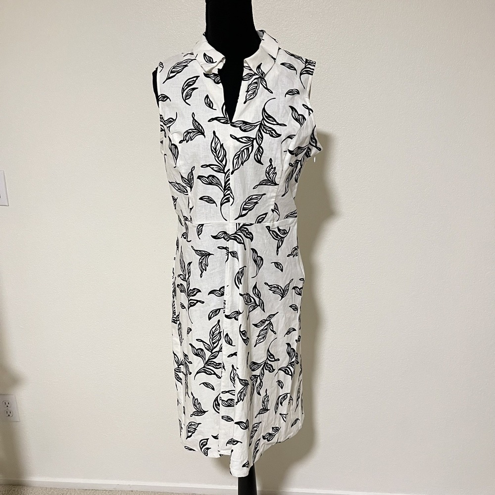 Tahari Sz 6 White Linen Blend Collared Dress Sleeveless Black Leaf Print NWT